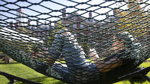 A student lounges in a hammock while reading.